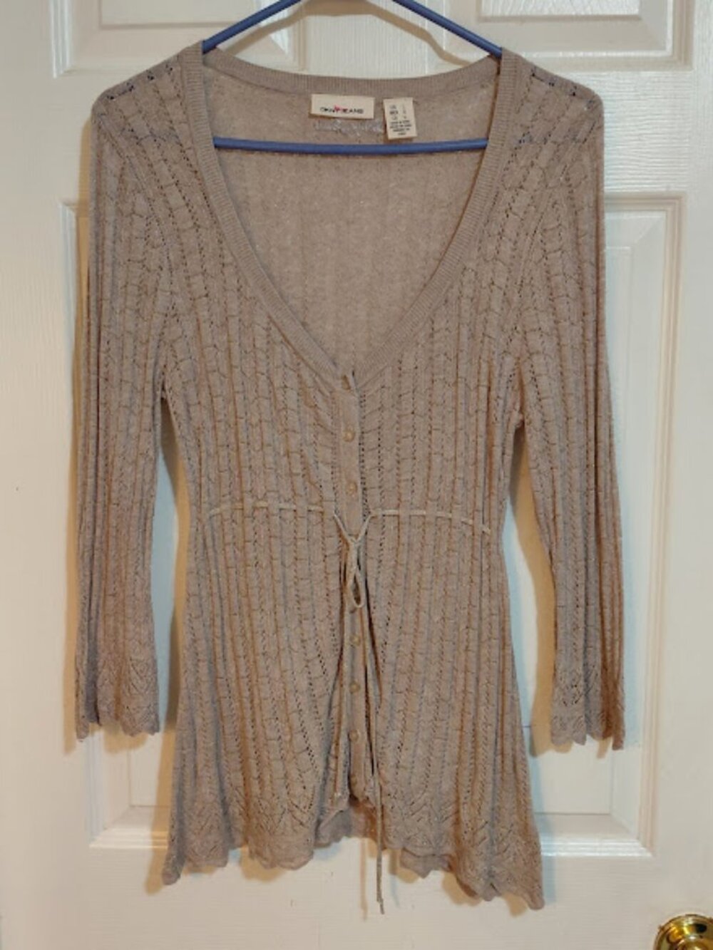 Vintage DKNY Taupe Gold Whimsy Boho Dainty Babydoll Cardigan Sweater Size L
